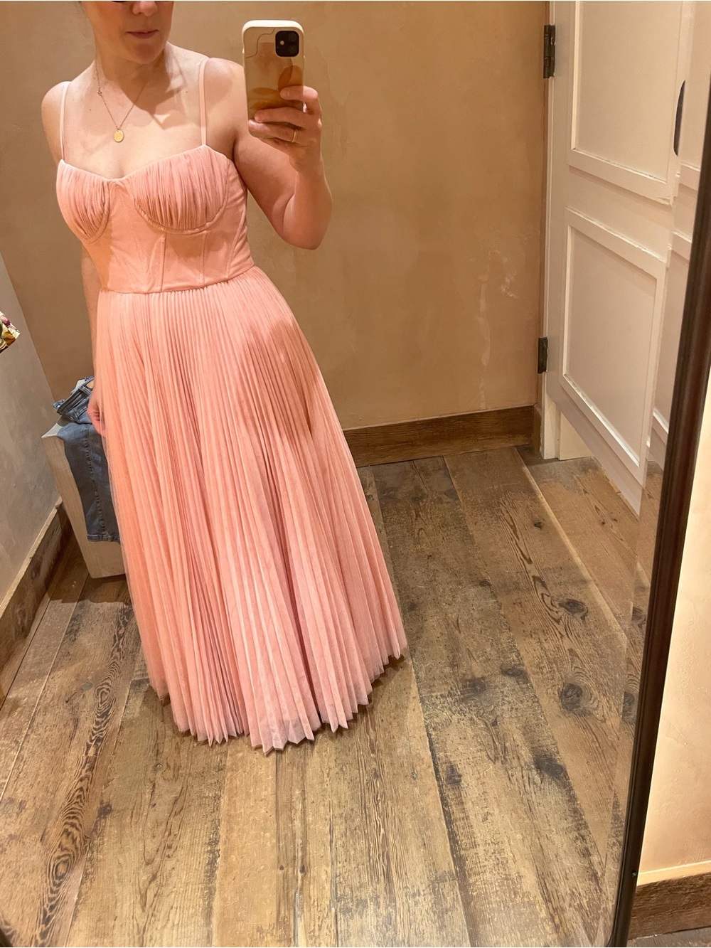 Anthropologie Pleated Pink Maxi Dress with Corset Bodice